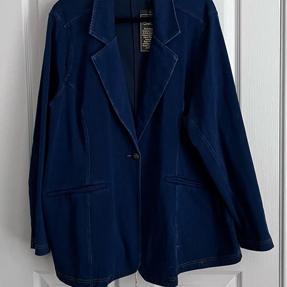 Diane Gilman Denim Blue Knit Blazer Notched Lapels Single Button Closure - Picture 2 of 7